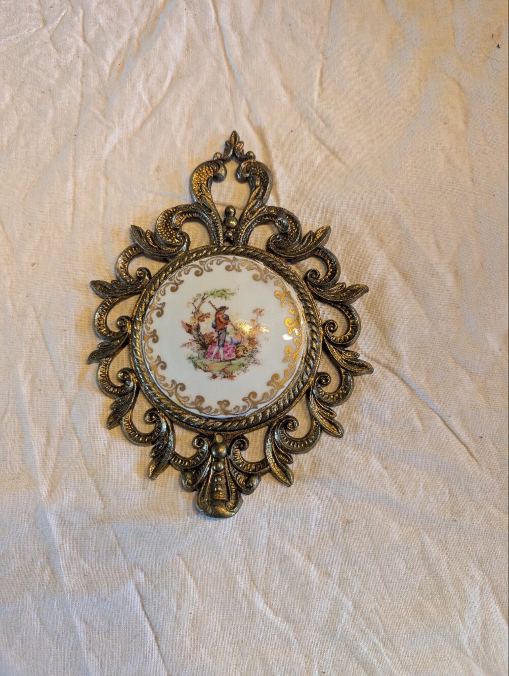 2/60$ Vintage Brass Gold Ornate Wall Plaque with Porcelain Limoges Medallion